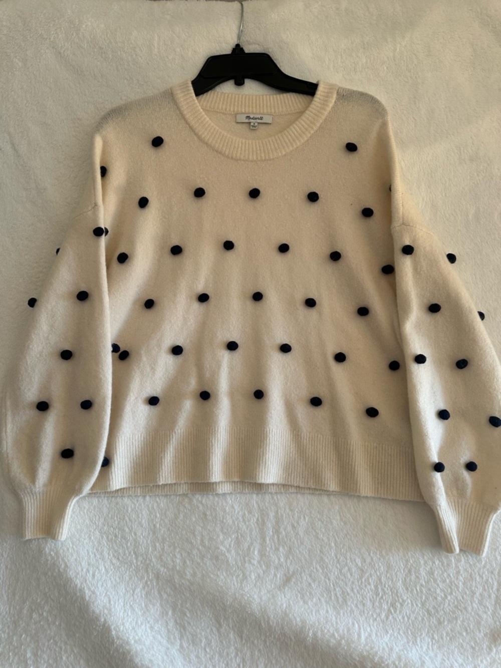 Madewell Cream Crewneck Sweater with Navy Pom-Poms